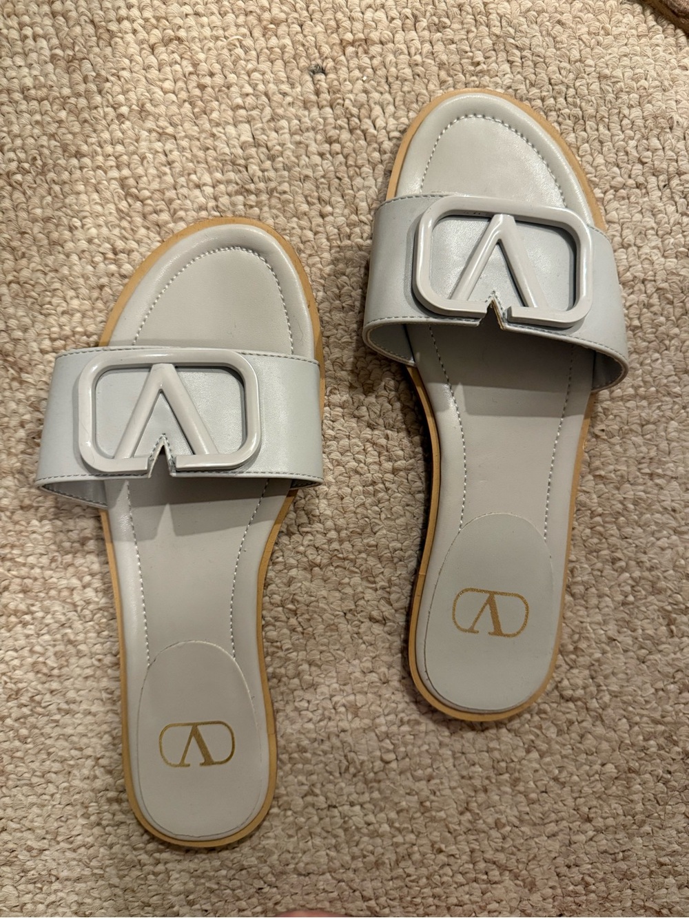 Valentino Garavani Light Gray Logo Slide Sandals